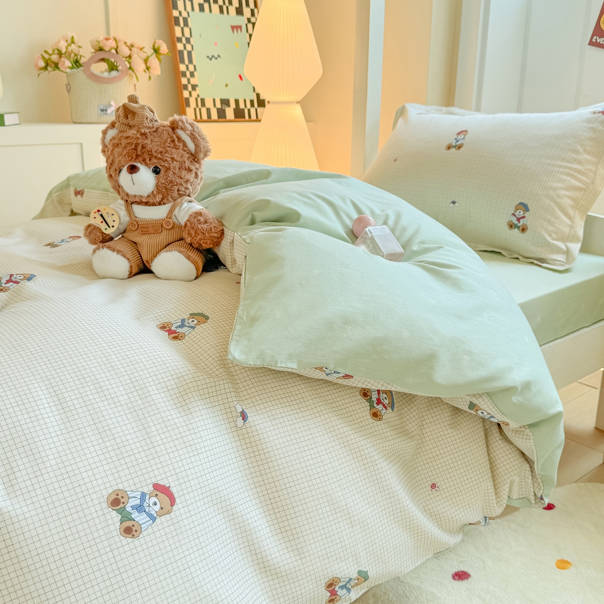 91家纺网 家纺一手货源 找家纺 优姿家纺 2025新款A类13372全棉纯棉学生宿舍三件套上下铺三件套 克利小熊