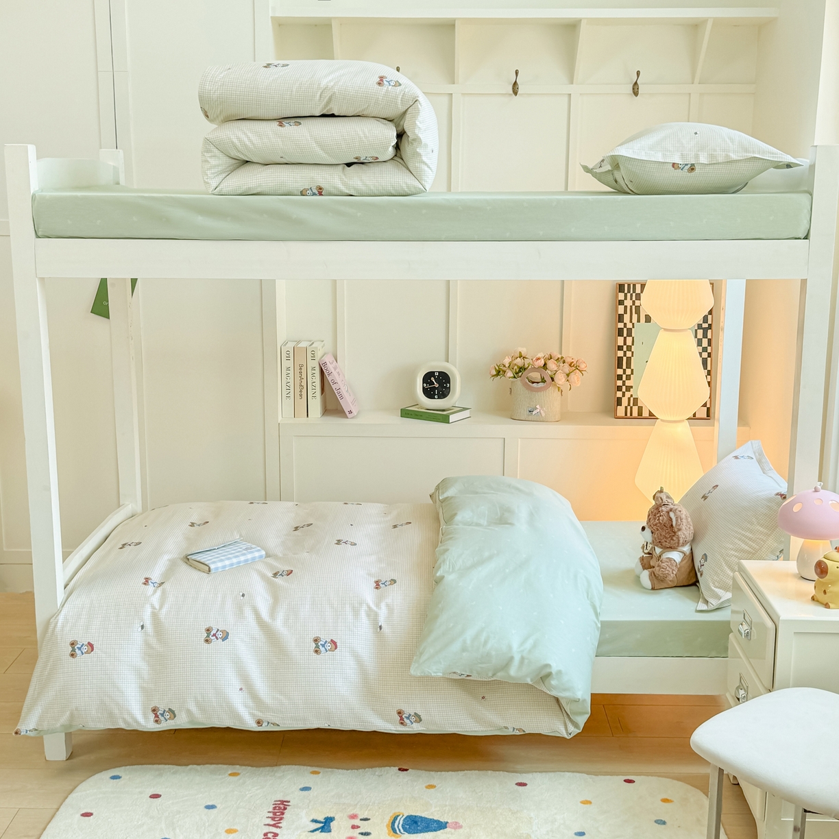 91家纺网 家纺一手货源 找家纺 优姿家纺 2025新款A类13372全棉纯棉学生宿舍三件套上下铺三件套 克利小熊