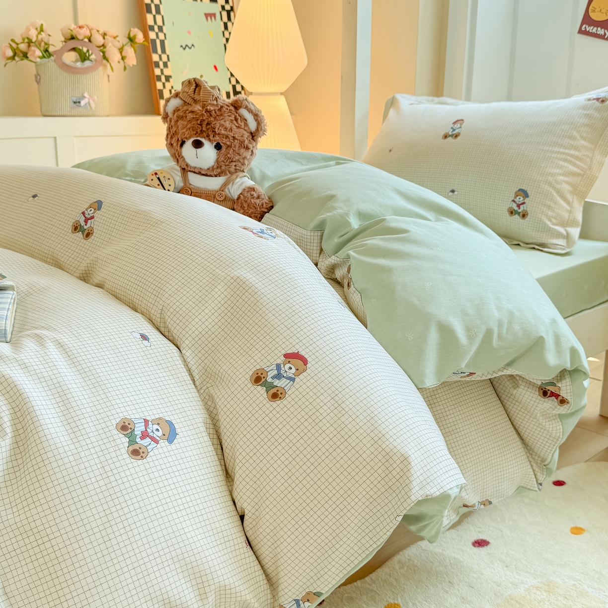 91家纺网 家纺一手货源 找家纺 优姿家纺 2025新款A类13372全棉纯棉学生宿舍三件套上下铺三件套 克利小熊