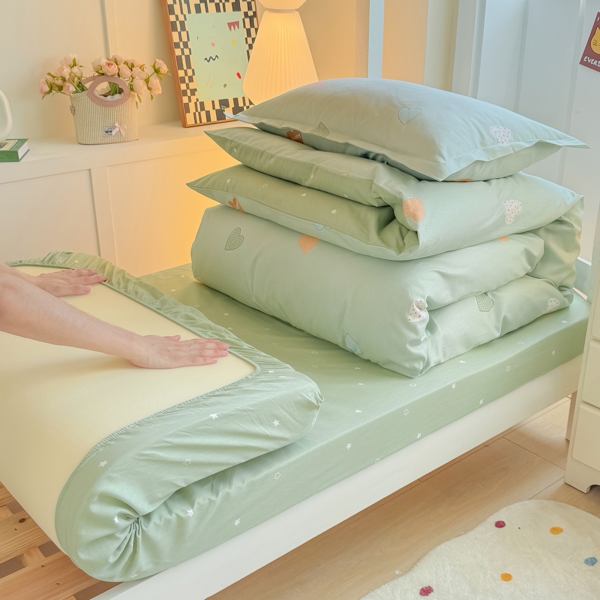 91家纺网 家纺一手货源 找家纺 优姿家纺 2025新款A类13372全棉纯棉学生宿舍三件套上下铺三件套 轻语