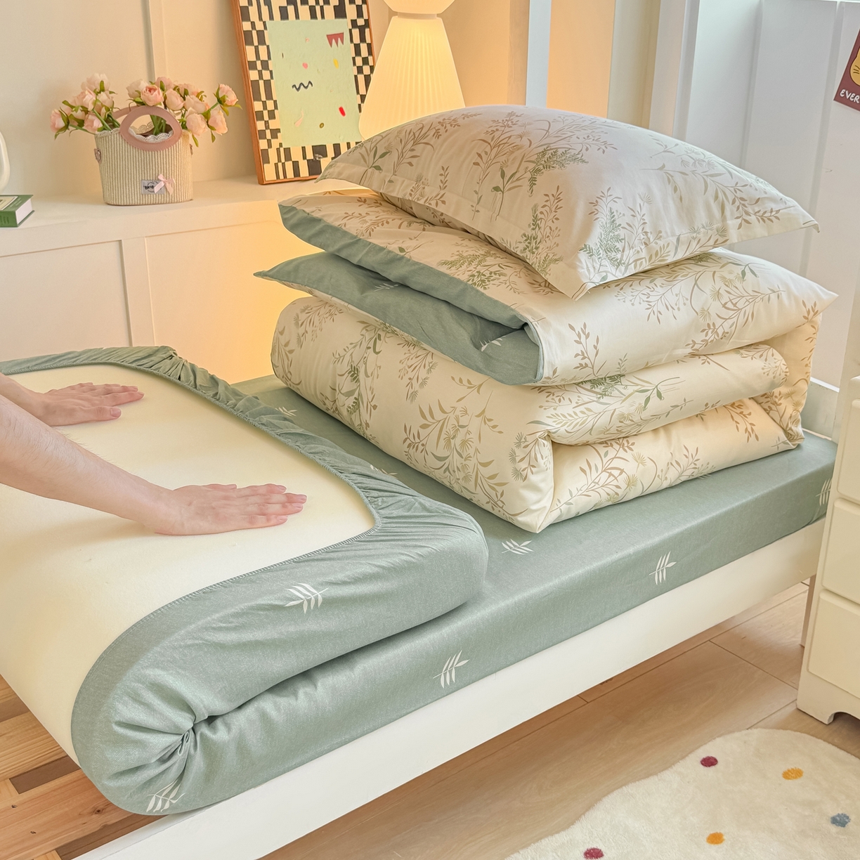 91家纺网 家纺一手货源 找家纺 优姿家纺 2025新款A类13372全棉纯棉学生宿舍三件套上下铺三件套 秋实