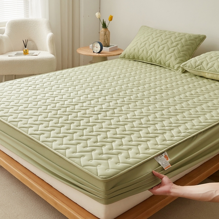 91家纺网 家纺一手货源 找家纺 蕾诺家纺 2025新款纯棉全包裹床罩防滑防尘夹棉床笠 波浪纹绿色