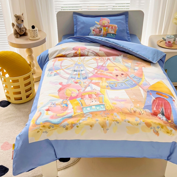 91家纺网 家纺一手货源 找家纺 梵赫 2025新款A类儿童数码卡通亲肤幼儿园套件三件套-星梦 摩天轮-蓝