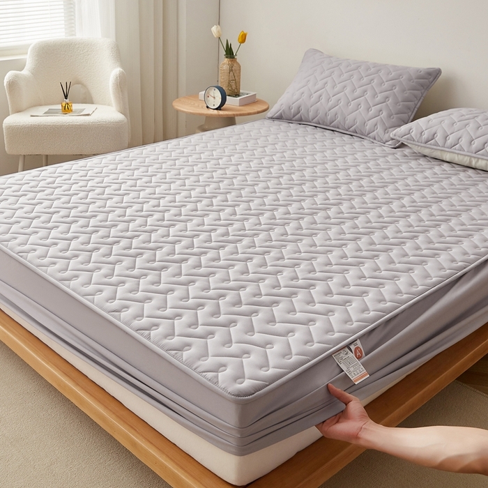 91家纺网 家纺一手货源 找家纺 蕾诺家纺 2025新款纯棉全包裹床罩防滑防尘夹棉床笠 波浪纹浅灰