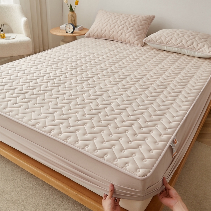 91家纺网 家纺一手货源 找家纺 蕾诺家纺 2025新款纯棉全包裹床罩防滑防尘夹棉床笠 波浪纹驼色