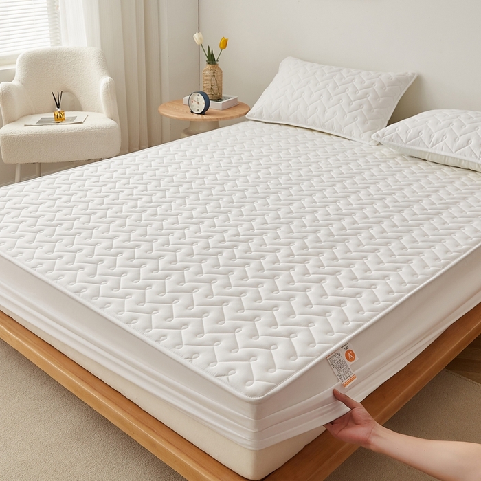 91家纺网 家纺一手货源 找家纺 蕾诺家纺 2025新款纯棉全包裹床罩防滑防尘夹棉床笠 波浪纹白色