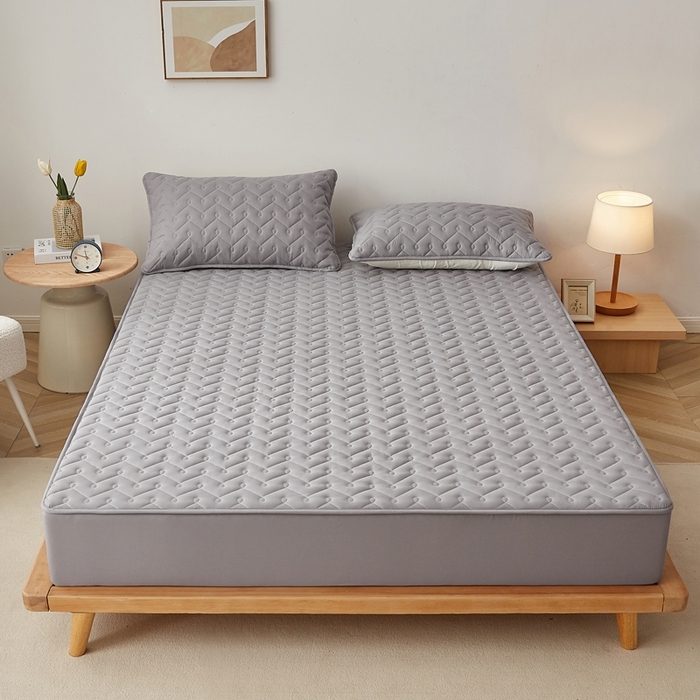 91家纺网 家纺一手货源 找家纺 蕾诺家纺 2025新款纯棉全包裹床罩防滑防尘夹棉床笠 波浪纹深灰