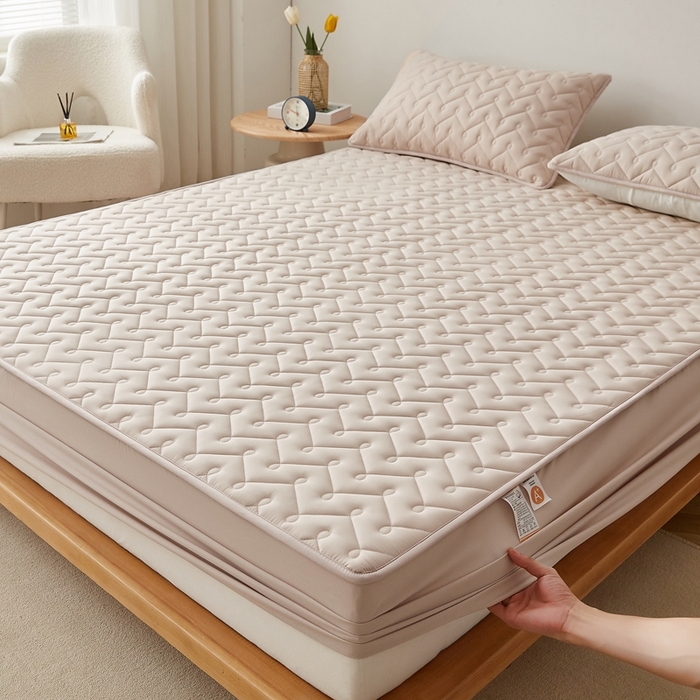 91家纺网 家纺一手货源 找家纺 蕾诺家纺 2025新款纯棉全包裹床罩防滑防尘夹棉床笠 波浪纹驼色