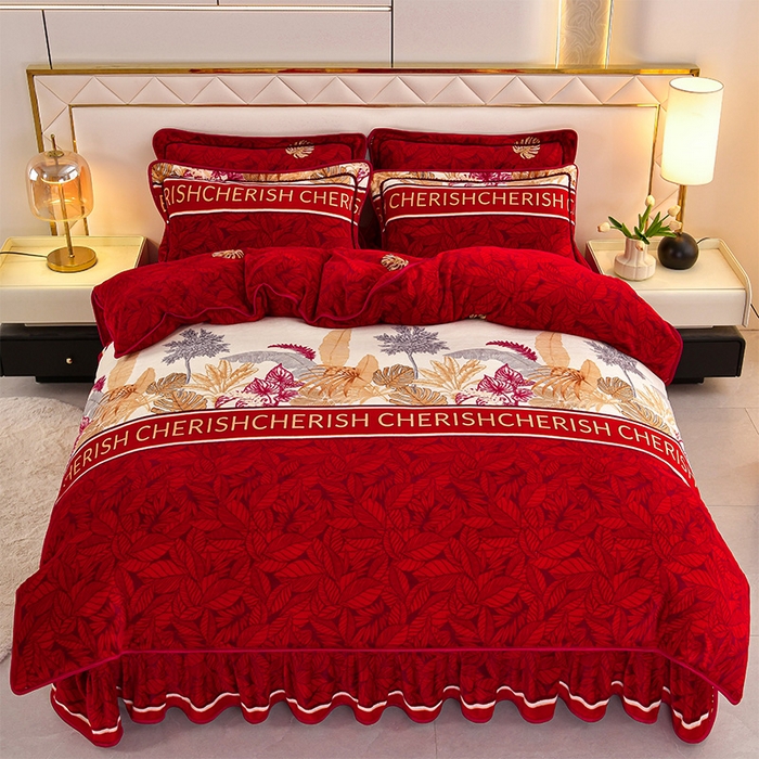 91家纺网 家纺一手货源 找家纺 硕喜 2025新款新8.5斤法莱绒四件套珊瑚牛奶金貂绒四件套床裙款 多彩人生