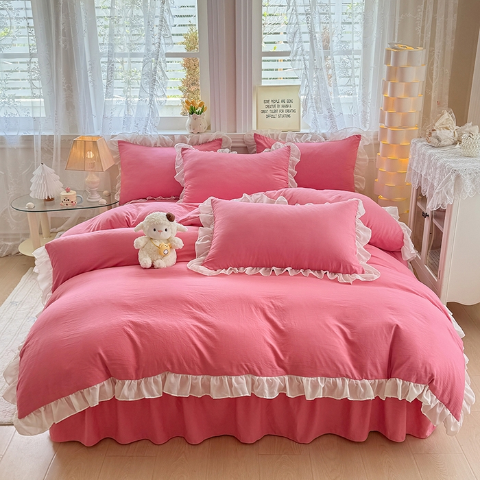 91家纺网 家纺一手货源 找家纺 （总）博弈家纺 2025新款小清新温柔公主风加厚水洗棉床裙床上四件套,花边纯色—豆沙,花边纯色—果绿,花边纯色—奶粉,花边纯色—奶灰,花边纯色—奶蓝,花边纯色—葡萄紫