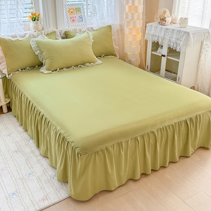 91家纺网 家纺一手货源 找家纺 博弈家纺 2025新款小清新温柔公主风加厚水洗棉床裙床上四件套 花边纯色—果绿