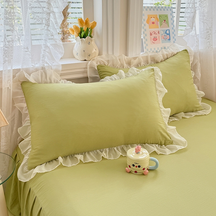 91家纺网 家纺一手货源 找家纺 博弈家纺 2025新款小清新温柔公主风加厚水洗棉床裙床上四件套 花边纯色—果绿