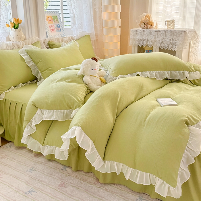 91家纺网 家纺一手货源 找家纺 博弈家纺 2025新款小清新温柔公主风加厚水洗棉床裙床上四件套 花边纯色—果绿