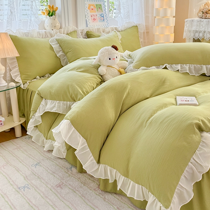 91家纺网 家纺一手货源 找家纺 博弈家纺 2025新款小清新温柔公主风加厚水洗棉床裙床上四件套 花边纯色—果绿