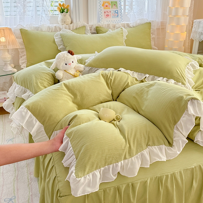 91家纺网 家纺一手货源 找家纺 博弈家纺 2025新款小清新温柔公主风加厚水洗棉床裙床上四件套 花边纯色—果绿