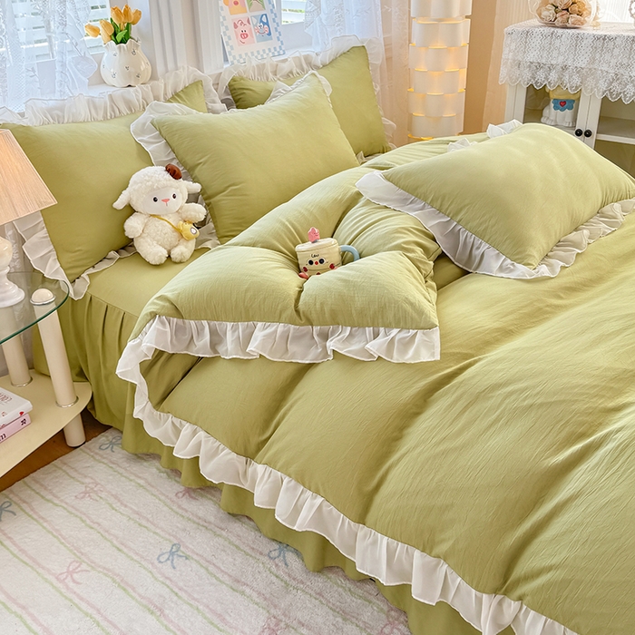 91家纺网 家纺一手货源 找家纺 博弈家纺 2025新款小清新温柔公主风加厚水洗棉床裙床上四件套 花边纯色—果绿