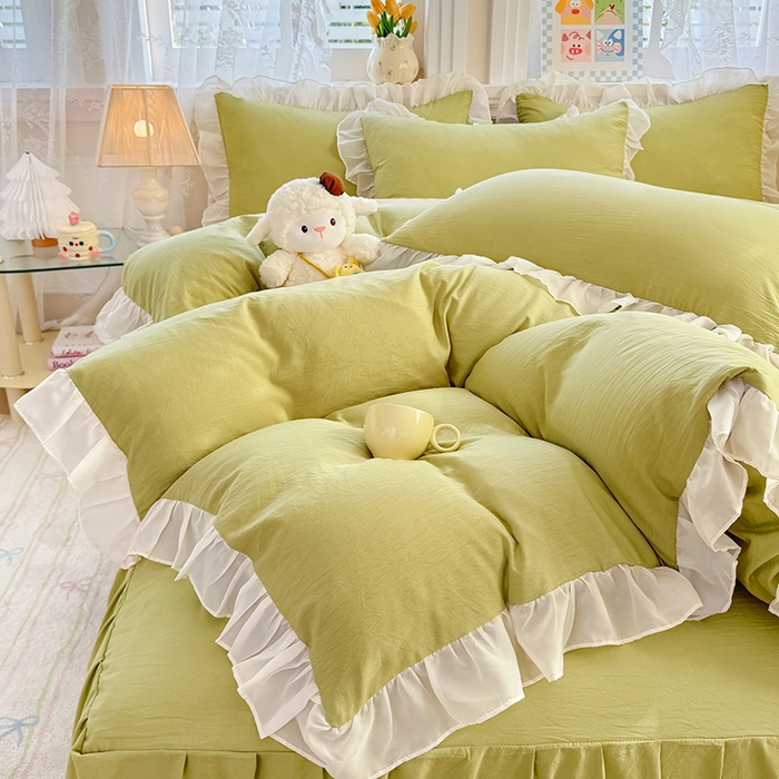 91家纺网 家纺一手货源 找家纺 博弈家纺 2025新款小清新温柔公主风加厚水洗棉床裙床上四件套 花边纯色—果绿