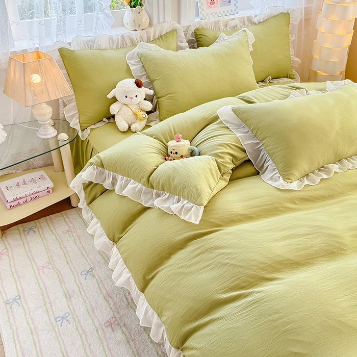 91家纺网 家纺一手货源 找家纺 博弈家纺 2025新款小清新温柔公主风加厚水洗棉床裙床上四件套 花边纯色—果绿