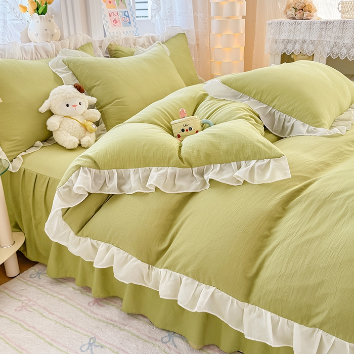 91家纺网 家纺一手货源 找家纺 博弈家纺 2025新款小清新温柔公主风加厚水洗棉床裙床上四件套 花边纯色—果绿