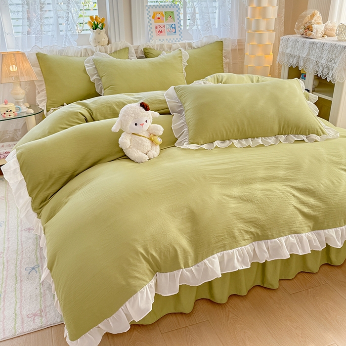 91家纺网 家纺一手货源 找家纺 博弈家纺 2025新款小清新温柔公主风加厚水洗棉床裙床上四件套 花边纯色—果绿