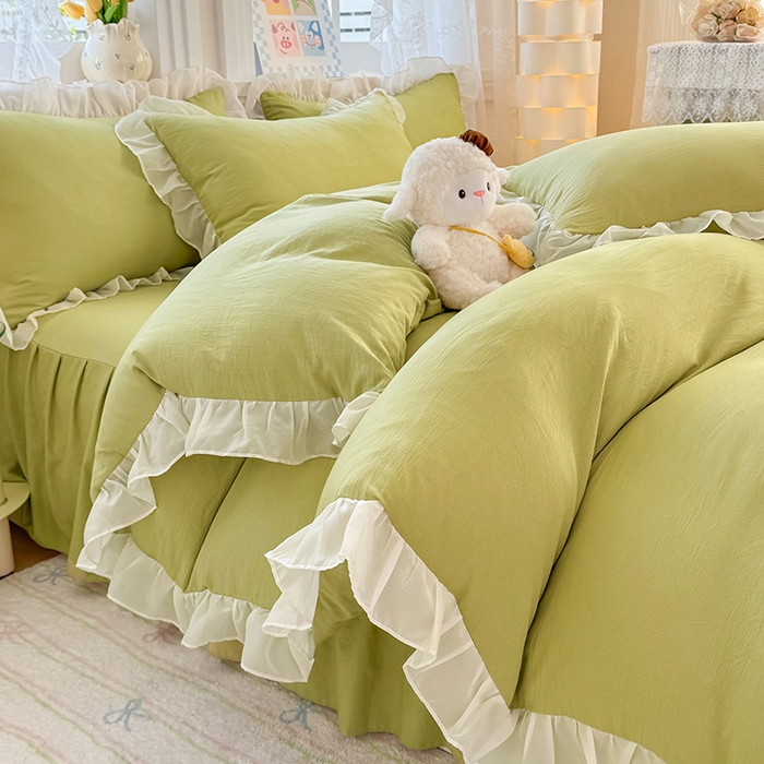 91家纺网 家纺一手货源 找家纺 博弈家纺 2025新款小清新温柔公主风加厚水洗棉床裙床上四件套 花边纯色—果绿