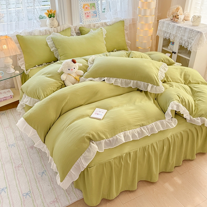 91家纺网 家纺一手货源 找家纺 博弈家纺 2025新款小清新温柔公主风加厚水洗棉床裙床上四件套 花边纯色—果绿