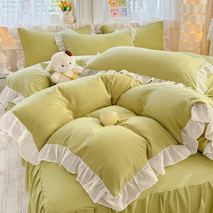 91家纺网 家纺一手货源 找家纺 博弈家纺 2025新款小清新温柔公主风加厚水洗棉床裙床上四件套 花边纯色—果绿