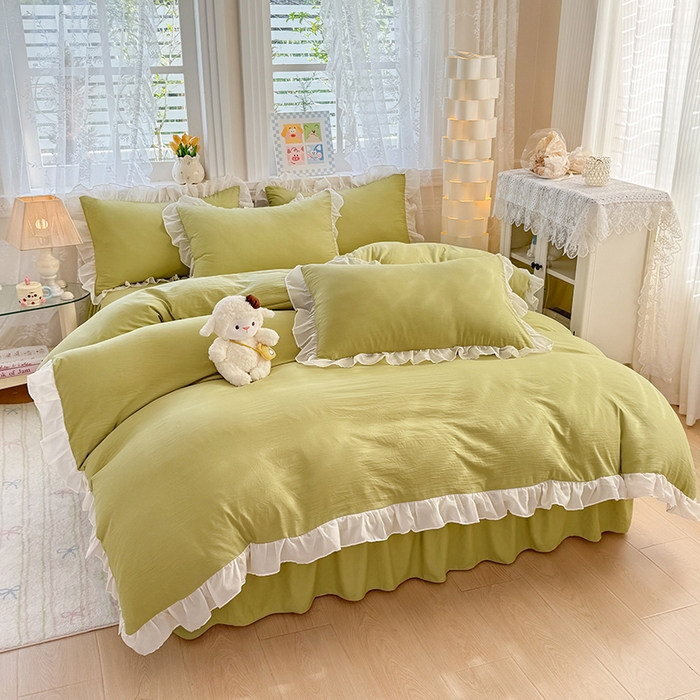 91家纺网 家纺一手货源 找家纺 博弈家纺 2025新款小清新温柔公主风加厚水洗棉床裙床上四件套 花边纯色—果绿