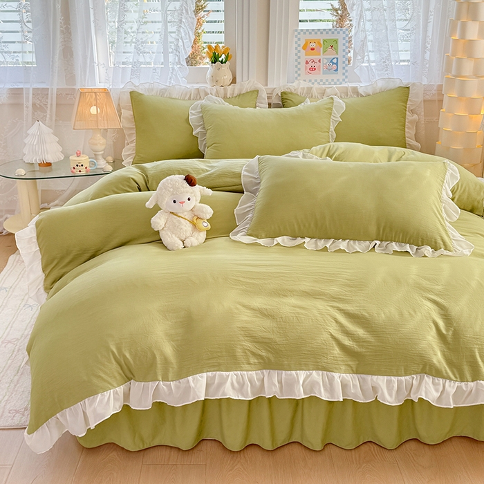 91家纺网 家纺一手货源 找家纺 博弈家纺 2025新款小清新温柔公主风加厚水洗棉床裙床上四件套 花边纯色—果绿