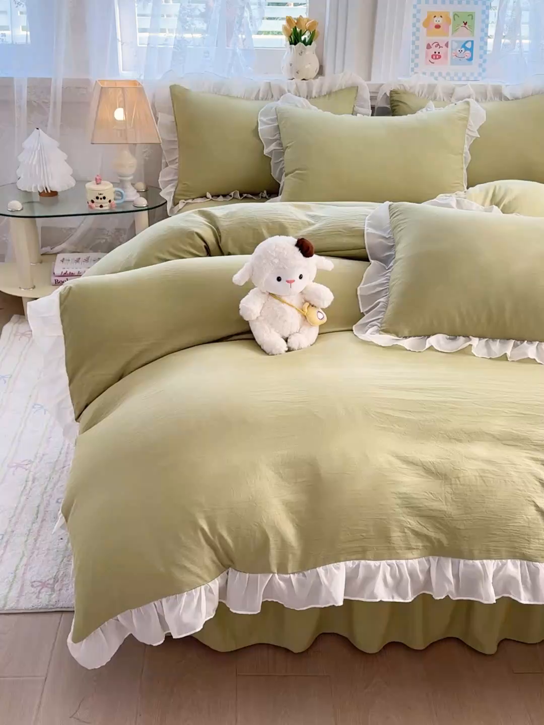 91家纺网 家纺一手货源 找家纺 博弈家纺 2025新款小清新温柔公主风加厚水洗棉床裙床上四件套 花边纯色—果绿