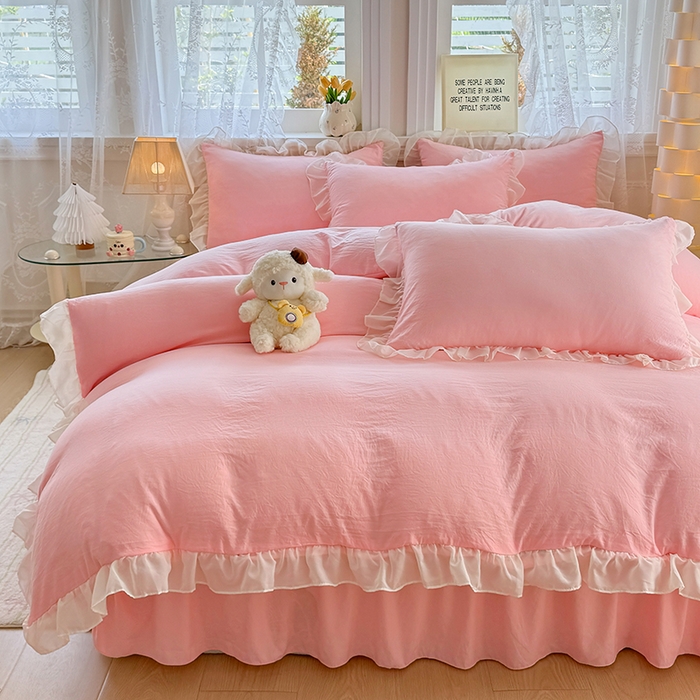 91家纺网 家纺一手货源 找家纺 博弈家纺 2025新款小清新温柔公主风加厚水洗棉床裙床上四件套 花边纯色—奶粉