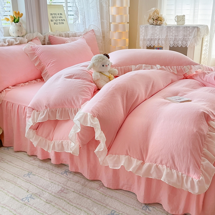 91家纺网 家纺一手货源 找家纺 博弈家纺 2025新款小清新温柔公主风加厚水洗棉床裙床上四件套 花边纯色—奶粉