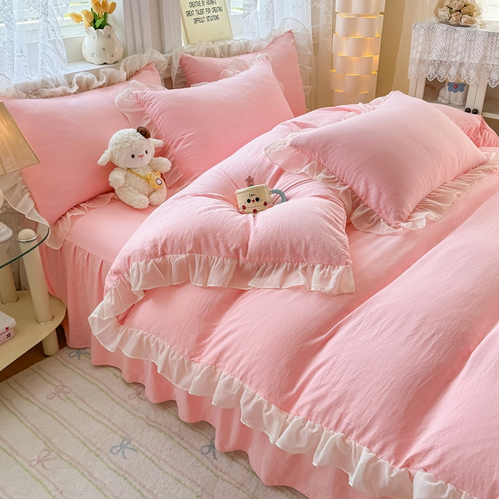 91家纺网 家纺一手货源 找家纺 博弈家纺 2025新款小清新温柔公主风加厚水洗棉床裙床上四件套 花边纯色—奶粉