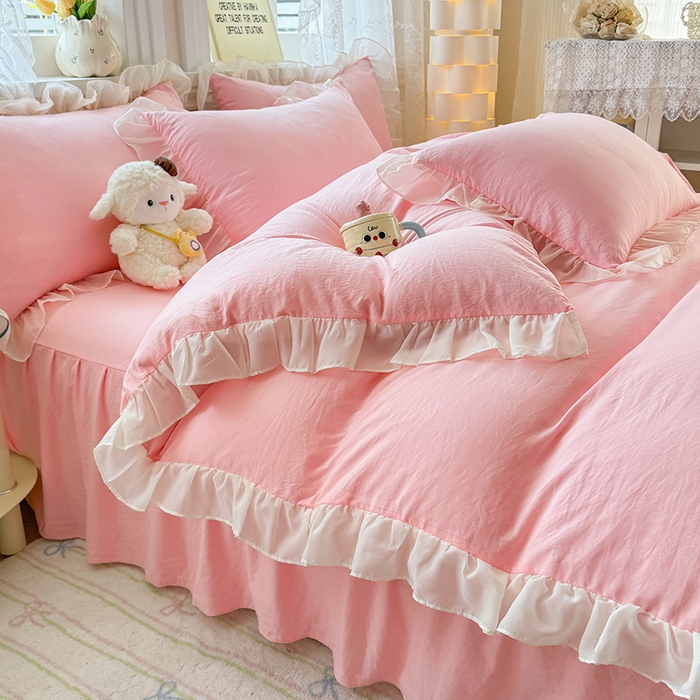 91家纺网 家纺一手货源 找家纺 博弈家纺 2025新款小清新温柔公主风加厚水洗棉床裙床上四件套 花边纯色—奶粉