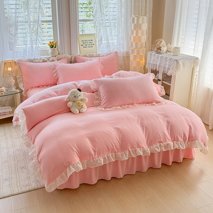 91家纺网 家纺一手货源 找家纺 博弈家纺 2025新款小清新温柔公主风加厚水洗棉床裙床上四件套 花边纯色—奶粉