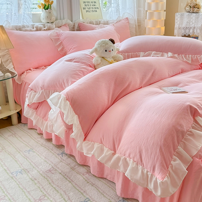 91家纺网 家纺一手货源 找家纺 博弈家纺 2025新款小清新温柔公主风加厚水洗棉床裙床上四件套 花边纯色—奶粉