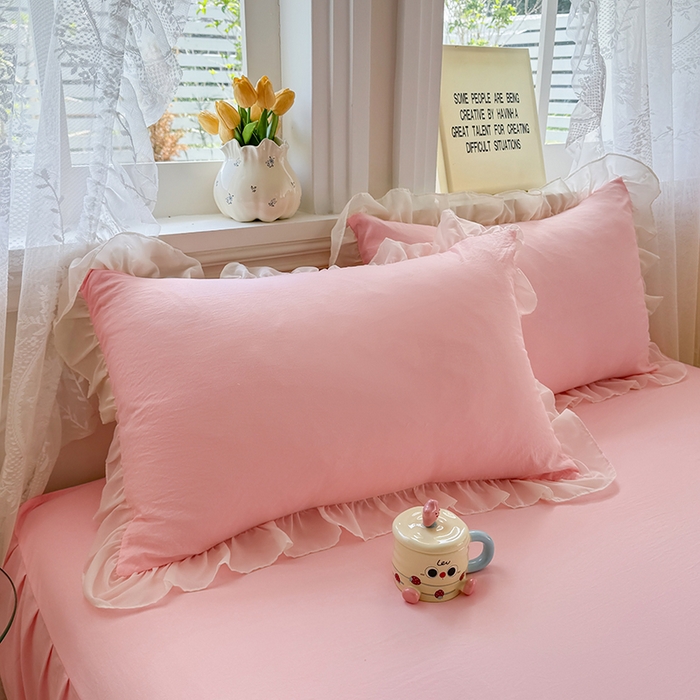 91家纺网 家纺一手货源 找家纺 博弈家纺 2025新款小清新温柔公主风加厚水洗棉床裙床上四件套 花边纯色—奶粉