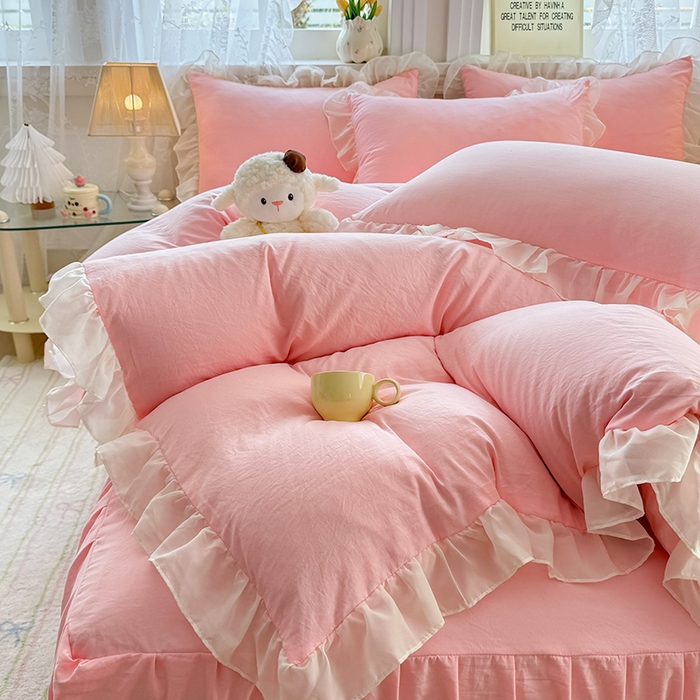 91家纺网 家纺一手货源 找家纺 博弈家纺 2025新款小清新温柔公主风加厚水洗棉床裙床上四件套 花边纯色—奶粉