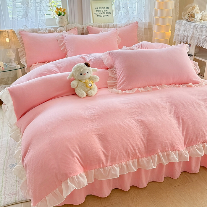 91家纺网 家纺一手货源 找家纺 博弈家纺 2025新款小清新温柔公主风加厚水洗棉床裙床上四件套 花边纯色—奶粉