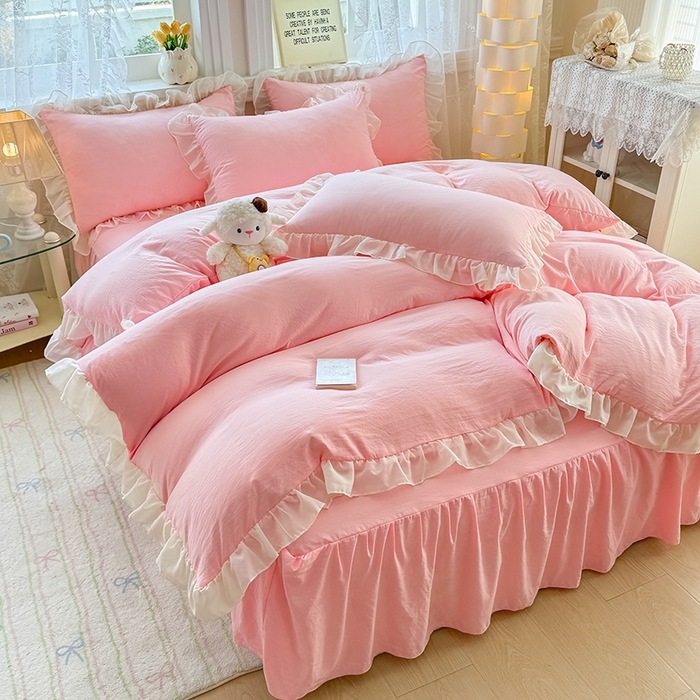 91家纺网 家纺一手货源 找家纺 博弈家纺 2025新款小清新温柔公主风加厚水洗棉床裙床上四件套 花边纯色—奶粉