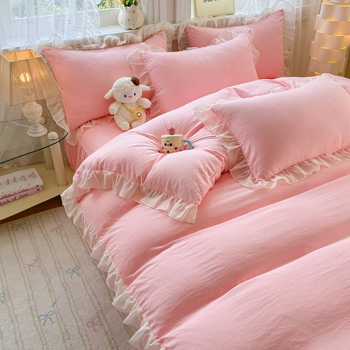 91家纺网 家纺一手货源 找家纺 博弈家纺 2025新款小清新温柔公主风加厚水洗棉床裙床上四件套 花边纯色—奶粉