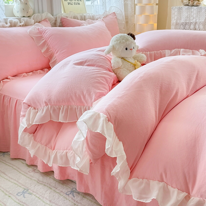 91家纺网 家纺一手货源 找家纺 博弈家纺 2025新款小清新温柔公主风加厚水洗棉床裙床上四件套 花边纯色—奶粉