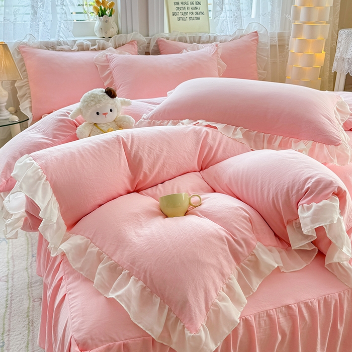 91家纺网 家纺一手货源 找家纺 博弈家纺 2025新款小清新温柔公主风加厚水洗棉床裙床上四件套 花边纯色—奶粉