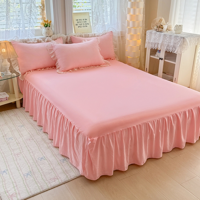 91家纺网 家纺一手货源 找家纺 博弈家纺 2025新款小清新温柔公主风加厚水洗棉床裙床上四件套 花边纯色—奶粉