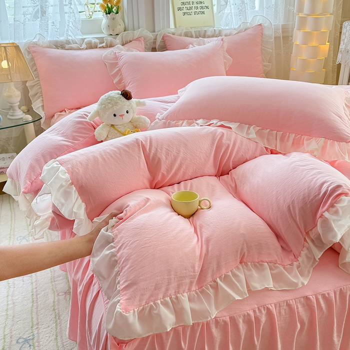 91家纺网 家纺一手货源 找家纺 博弈家纺 2025新款小清新温柔公主风加厚水洗棉床裙床上四件套 花边纯色—奶粉