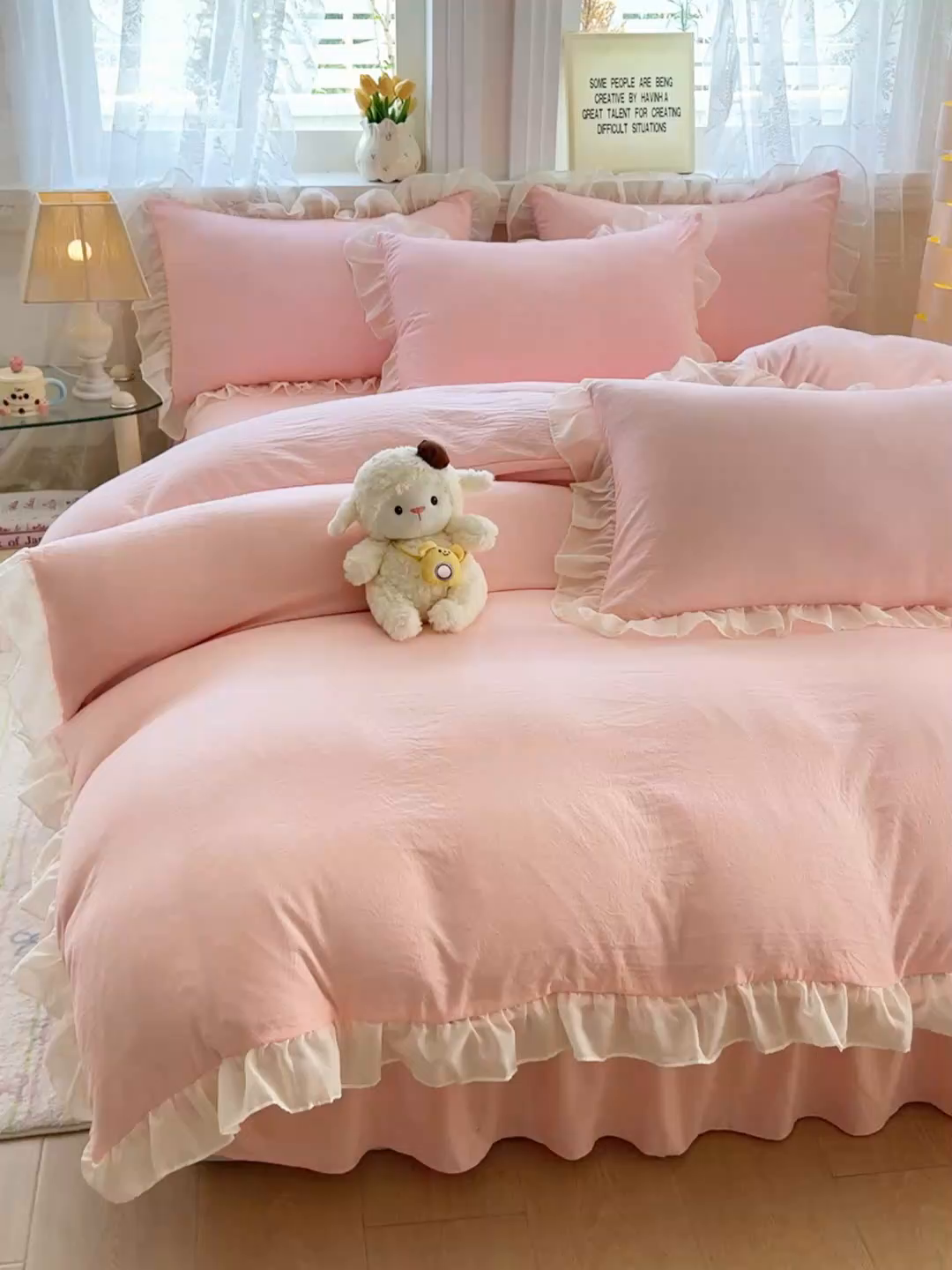 91家纺网 家纺一手货源 找家纺 博弈家纺 2025新款小清新温柔公主风加厚水洗棉床裙床上四件套 花边纯色—奶粉