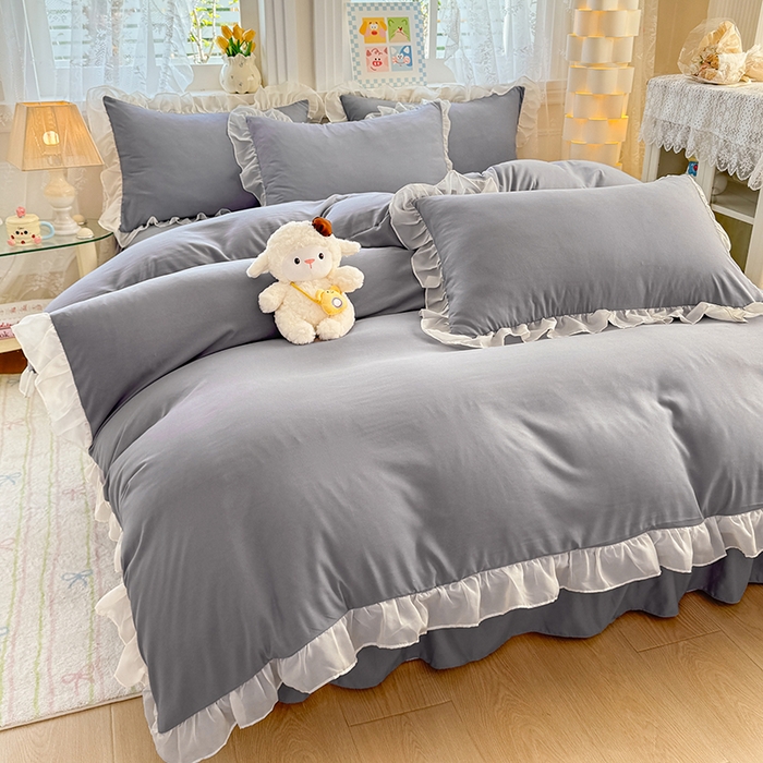 91家纺网 家纺一手货源 找家纺 博弈家纺 2025新款小清新温柔公主风加厚水洗棉床裙床上四件套 花边纯色—奶灰