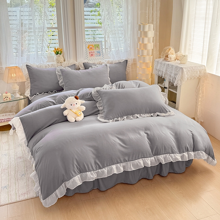 91家纺网 家纺一手货源 找家纺 博弈家纺 2025新款小清新温柔公主风加厚水洗棉床裙床上四件套 花边纯色—奶灰