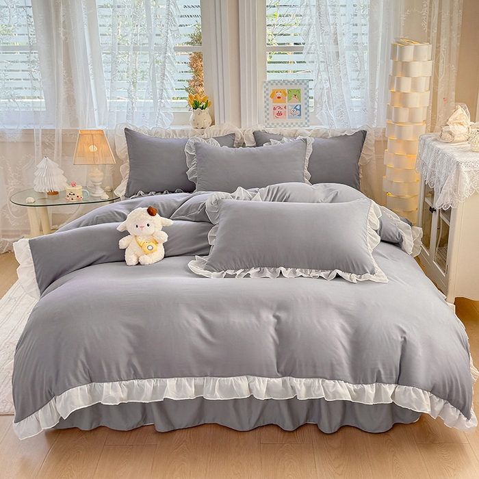 博弈家纺 2025新款小清新温柔公主风加厚水洗棉床裙床上四件套 花边纯色—奶灰