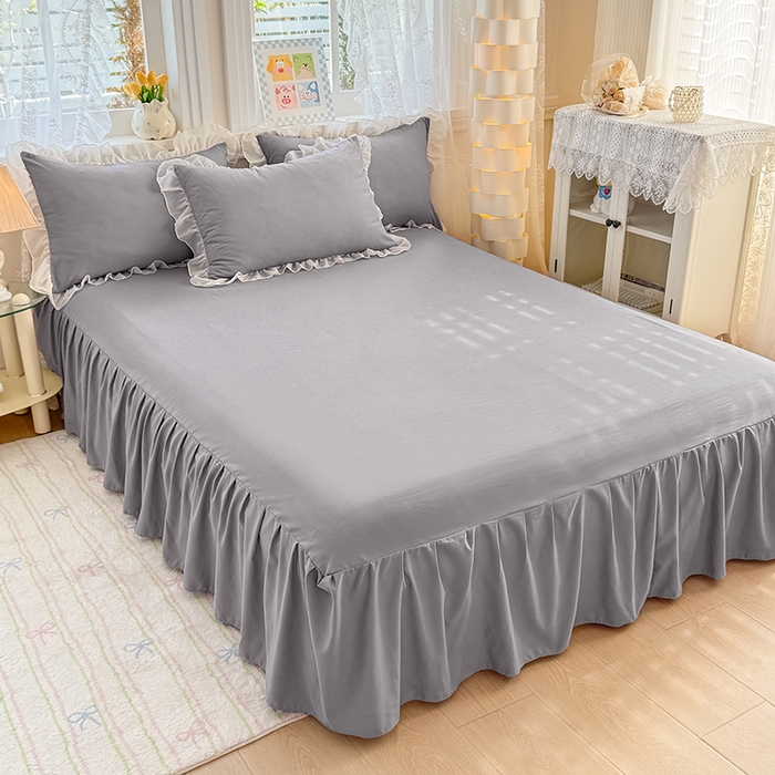 91家纺网 家纺一手货源 找家纺 博弈家纺 2025新款小清新温柔公主风加厚水洗棉床裙床上四件套 花边纯色—奶灰